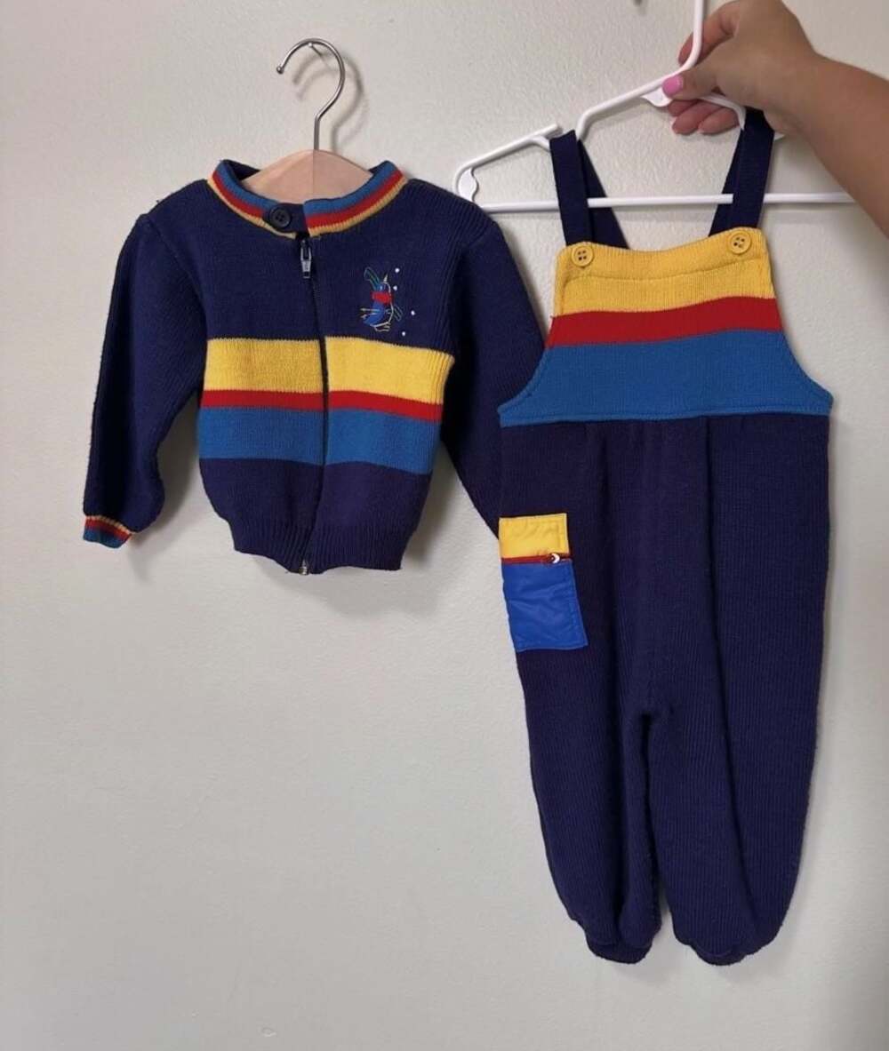 Vintage Friemanit Toddler Boys Striped Knit Sweater and Overalls Set